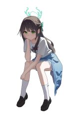  1girl absurdres airi_(band)_(blue_archive) airi_(blue_archive) backlighting black_shoes blue_archive blue_coat brown_hair chinese_commentary closed_mouth clothes_around_waist coat commentary_request full_body green_eyes green_halo halo head_on_hand highres liago long_hair looking_at_viewer shirt shoes simple_background skirt socks solo t-shirt white_background white_shirt white_skirt white_socks 