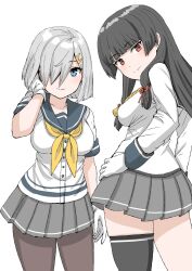  2girls 30-06 arm_at_side black_hair black_pantyhose black_thighhighs blue_eyes blue_sailor_collar blunt_bangs breasts contrapposto cowboy_shot from_behind gloves grey_hair grey_skirt hair_ornament hair_ribbon hairclip hamakaze_(kancolle) hand_on_own_hip highres isokaze_(kancolle) kantai_collection looking_back looking_to_the_side multiple_girls neckerchief pantyhose pleated_skirt red_eyes ribbon sailor_collar sailor_shirt school_uniform serafuku shirt short_hair simple_background single_thighhigh skirt standing thigh-highs tress_ribbon white_background white_gloves white_shirt yellow_neckerchief 