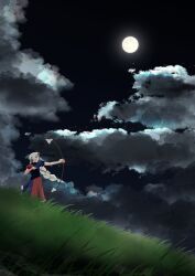  1girl absurdres arrow_(projectile) blue_dress blue_hat blush bow_(weapon) braid closed_mouth clouds commentary_request cross cross_print dress full_moon gasubanana grass grey_hair hat highres holding holding_arrow holding_bow_(weapon) holding_weapon long_hair moon night nurse_cap outdoors print_hat puffy_short_sleeves puffy_sleeves red_cross red_dress scenery short_sleeves single_braid solo touhou two-tone_dress very_long_hair weapon yagokoro_eirin 