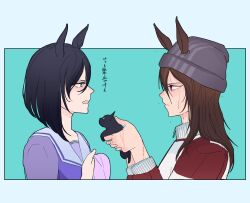 2girls animal animal_ears beanie black_cat black_hair blue_background blue_eyes bob_cut bow bowtie brown_hair cat commentary_request ears_through_headwear eishin_flash_(umamusume) grey_hat hair_between_eyes hat holding holding_animal holding_cat horse_ears horse_girl jacket long_bangs long_hair looking_at_another multicolored_jacket multiple_girls nakayama_festa_(umamusume) open_mouth pappi profile purple_bow purple_bowtie purple_shirt red_jacket school_uniform shirt short_hair summer_uniform sweat tracen_school_uniform tracen_training_uniform translation_request two-tone_jacket umamusume upper_body violet_eyes white_jacket 