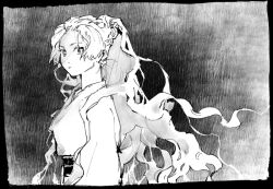  1girl character_request closed_mouth copyright_request greyscale let_ink long_hair looking_at_viewer monochrome ponytail solo upper_body very_long_hair 