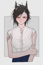  1girl air_shakur_(umamusume) alternate_costume animal_ears black_hair closed_mouth commentary_request ear_chain expressionless eyebrow_piercing face_piercing grey_background hand_on_own_elbow highres horse_ears horse_girl linked_piercing looking_at_viewer orange_eyes pappi piercing shirt short_hair shoulder_tattoo simple_background sleeveless sleeveless_shirt solo tattoo umamusume upper_body white_background white_shirt 