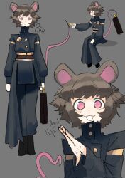  1girl animal_ears badge briefcase button_badge buttons character_name commentary double-breasted english_commentary english_text full_body grey_background grey_hair highres invisible_chair looking_at_viewer masofuu mouse_ears mouse_girl mouse_tail open_mouth original own_hands_together pants pink_eyes sash simple_background sitting solo standing tail white_mouth 