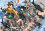  2girls airplane arrow bow brown_eyes brown_hair control_tower doraxi geta green_eyes highres japanese_clothes kantai_collection multiple_girls quiver ship short_hair smile tabi turret warship wide_sleeves 