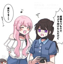  3girls absurdres arms_behind_back asahi_rise bang_dream! bang_dream!_it's_mygo!!!!! black_hair blue_shirt blush braid brown_eyes camera chihaya_anon closed_eyes commentary_request grey_hair hair_ornament hairclip half_up_braid half_updo highres holding holding_camera long_hair multiple_girls musical_note off_shoulder open_mouth pink_hair shiina_taki shirt short_sleeves simple_background squiggle takamatsu_tomori translation_request violet_eyes white_background white_shirt 