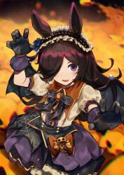  1girl :d absurdres animal_ears bat_wings black_bow black_bowtie black_gloves blue_flower blue_rose bow bowtie brown_hair brown_shirt claw_pose commentary_request ears_through_headwear fangs flower gloves hair_over_one_eye highres horse_ears horse_girl kurowa_(curowa) long_hair looking_at_viewer official_alternate_costume puffy_short_sleeves puffy_sleeves purple_skirt rice_shower_(umamusume) rice_shower_(vampire_makeover!)_(umamusume) rose shirt short_sleeves skirt smile solo spider_web_print umamusume violet_eyes wings 