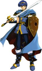  1boy belt blue_boots blue_cape blue_eyes blue_hair blue_pants blue_shirt boots cape fire_emblem fire_emblem:_mystery_of_the_emblem full_body high-waist_belt holding holding_shield holding_sword holding_weapon koya_katsuyoshi looking_at_viewer marth_(fire_emblem) medium_hair official_art pants shield shirt short_sleeves solo sword transparent_background weapon 