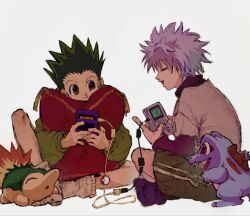  2boys closed_eyes colored_skin commentary crocodile crocodilian crossover cyndaquil fire flame-tipped_tail game_boy game_boy_color game_boy_pocket game_console game_link_cable gon_freecss green_eyes green_jacket green_shorts handheld_game_console highres holding holding_handheld_game_console hunter_x_hunter jacket killua_zoldyck layered_sleeves long_sleeves male_focus multicolored_skin multiple_boys playing_games playing_video_games poke_ball pokemon pokemon_(creature) pokemon_focus pokemon_gold/silver/crystal red_eyes short_hair short_over_long_sleeves short_sleeves shorts skpn_skrzk spiky_hair tail totodile two-tone_skin untranslatable_commentary video_game white_hair 