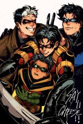  batman_(series) batman_symbol belt black_bodysuit black_gloves black_hair bodysuit brothers brown_jacket cape commentary damian_wayne dc_comics dick_grayson domino_mask eye_mask gloves grey_bodysuit highres jacket jason_todd ke774815 male_focus mask multicolored_bodysuit multicolored_suit multiple_boys muscular muscular_male nightwing open_clothes red_cape red_hood_(dc) red_hood_and_the_outlaws red_robin robin_(dc) short_hair siblings superhero_costume taut_bodysuit taut_clothes tim_drake two-tone_bodysuit two-tone_suit untranslatable_commentary utility_belt western_comics_(style) yellow_cape 
