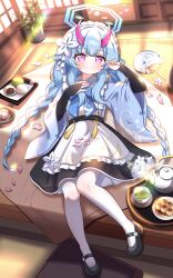  1girl absurdres alternate_costume apron architecture black_gloves black_skirt blue_archive blue_bow blue_bowtie blue_hair blue_halo blue_kimono bow bowtie braid bridal_gauntlets chise_(blue_archive) commentary_request cup dango east_asian_architecture enmaided flower food frilled_apron frills full_body gloves hair_flower hair_ornament halo hand_fan hand_on_own_chest highres horns japanese_clothes kimono long_hair looking_at_viewer low_twin_braids lying maid maid_apron mary_janes on_back on_table oni pantyhose paper_fan petals pink_eyes pink_horns pink_petals plant plate potted_plant print_apron shoes skirt table tea teacup teapot tonghua_sakana tray twin_braids uchiwa unconventional_maid very_long_hair wa_maid wagashi white_apron white_pantyhose 