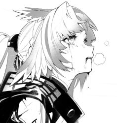  1girl arcane_(arknights) arknights arknights:_endfield baesong commentary_request greyscale injury korean_commentary monochrome open_mouth simple_background solo unfinished white_background 