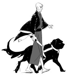  1boy ace_attorney ace_attorney_investigations ace_attorney_investigations_2:_prosecutor's_gambit animal bald bell bodhidharma_kanis commentary_request dog feet floating_clothes from_side full_body greyscale haori harness helmut_(ace_attorney) highres holding holding_knife japanese_clothes kimono knife korean_commentary long_sleeves male_focus monochrome neck_bell obi old old_man saman_zero7 sandals sash simple_background sketch walking white_background wide_sleeves wrinkled_skin 
