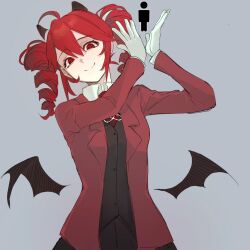  1girl collared_shirt commentary demon_wings detached_horns drill_hair gloves head_tilt highres infinity_symbol kasane_teto looking_at_viewer red_eyes red_hair red_suit shirt shokei_hakushu_(synthesizer_v) simple_background smile stick_figure suit twin_drills untranslatable_commentary white_gloves wings wwwrc2323 