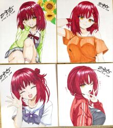  1girl ^_^ arm_behind_head blunt_bangs blush bow bowtie braid breasts chest_bow closed_eyes closed_mouth collarbone comiket_108 commentary cowboy_shot dated eyelashes eyes_visible_through_hair facing_viewer flower futamihara_ririko green_jacket grey_sports_bra grin hair_bun hair_ornament hairclip hand_in_own_hair hand_on_own_cheek hand_on_own_face hand_up happy highres hirocchi jacket knee_up large_breasts leaf limelight_lemonade_jam looking_at_viewer low_twintails medium_breasts multiple_hairclips multiple_views one_eye_closed one_side_up open_clothes open_jacket open_mouth orange_shirt outstretched_hand photo_(medium) purple_bow red_bow red_bowtie red_hair sailor_collar school_uniform serafuku shikishi shirt short_sleeves signature simple_background single_bare_shoulder single_braid single_side_bun sitting sleeves_past_wrists smile split_mouth sports_bra squeans striped_clothes striped_shirt sunflower t-shirt teeth track_jacket traditional_media twintails upper_body waving white_background white_sailor_collar white_shirt yawning yellow_eyes 