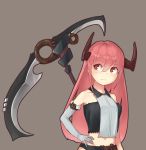  1girl bare_shoulders demon_girl elbow_gloves gloves hand_on_hip highres horns kama_(weapon) long_hair midriff navel original pink_hair red_eyes sickle solo succubus sunazame weapon 