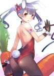  1girl animal_ears ass bare_shoulders black_gloves blush bow bunny_girl bunny_tail bunnysuit carrot detached_collar gloves hair_bow horns long_hair looking_at_viewer original pantyhose purple_hair rabbit_ears red_eyes solo tail twintails umasanjin wrist_cuffs 