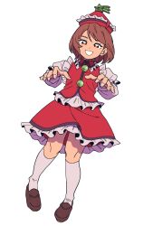  1girl brown_hair brown_shoes commentary_request frilled_hat frilled_skirt frills full_body grin hat hat_ornament highres kneehighs loafers long_sleeves looking_at_viewer lyrica_prismriver orange555_555 red_eyes red_hat red_skirt red_vest shirt shoes short_hair skirt skirt_set smile socks solo star_(symbol) star_hat_ornament touhou vest white_shirt white_socks 