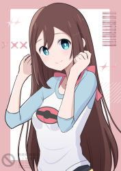  1girl aoneko4ao_(edwf7745) black_pantyhose blue_eyes blush breasts brown_hair closed_mouth commentary_request hair_bun hair_down highres long_hair looking_at_viewer pantyhose pantyhose_under_shorts poke_ball_print pokemon pokemon_black_2_and_white_2 raglan_sleeves rosa_(pokemon) shorts small_breasts smile solo yellow_shorts 