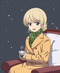  1girl :d a1 bangs blonde_hair blue_eyes braid breath chair coat cup darjeeling french_braid girls_und_panzer holding open_mouth scarf short_hair sitting smile snow snowing solo tea teacup winter_clothes 