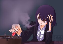  1girl absurdres aged_up ashtray bags_under_eyes black_hair black_suit cho_kaguya-hime! cigarette commentary_request formal_clothes highres holding holding_cigarette jacket long_sleeves macho_mastppkr medium_hair mole mole_under_eye sakayori_iroha smoke solo suit suit_jacket 