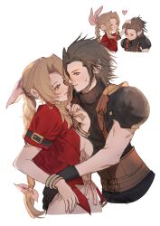  1boy 1girl aerith_gainsborough armor black_hair blue_eyes blush bracelet braid braided_ponytail brown_hair closed_eyes commentary couple cropped_torso cross_scar dress face-to-face final_fantasy final_fantasy_vii final_fantasy_vii_remake from_side gold_bangle green_eyes hair_ribbon hand_on_another's_head headpat heart hetero highres hug jacket jewelry long_hair looking_at_another multiple_views open_clothes open_jacket parted_lips pink_dress pink_ribbon ponytail red_jacket ribbon scar scar_on_cheek scar_on_face sera_(serappi) short_hair short_sleeves shoulder_armor sleeveless sleeveless_turtleneck smile suspenders sweater turtleneck turtleneck_sweater upper_body white_background zack_fair 