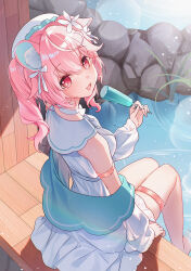  1girl :d absurdres animal_ear_fluff animal_ears arm_support beret bison_cangshu bow commentary_request day dress flower food from_behind hair_bow hat highres holding holding_food jacket long_sleeves looking_at_viewer looking_back off_shoulder original outdoors pink_hair popsicle puffy_long_sleeves puffy_sleeves red_eyes skindentation sleeveless sleeveless_dress sleeves_past_wrists smile soaking_feet solo thigh_strap twintails water white_bow white_dress white_flower white_hat white_jacket 