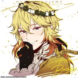  1boy black_gloves blonde_hair blush brown_hair character_name claude_grain copyright_name gloves happy_birthday head_wreath highres jacket jewelry kazari_tayu long_sleeves looking_at_viewer male_focus multicolored_hair official_art over_requiemz ring shirt simple_background smile solo two-tone_hair violet_eyes white_background white_shirt 