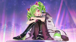  1girl :d ;d absurdres ahoge animal_ears black_boots black_gloves black_pantyhose black_skirt boots cat_ears coat collared_shirt commentary delutaya delutaya_(1st_costume) diagonal_bangs drill_hair fake_animal_ears full_body gloves green_hair grey_shirt head_tilt high_heel_boots high_heels highres hood hooded_coat indie_virtual_youtuber knee_boots knees_up looking_at_viewer miniskirt multicolored_hair night one_eye_closed open_mouth pantyhose pink_streaks red_eyes robotta shirt short_hair short_sleeves sitting skirt sky smile solo star_(sky) starry_sky streaked_hair twin_drills twintails virtual_youtuber white_coat 