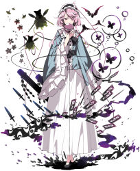  1girl alternate_hairstyle bat_(animal) black_hairband black_shoes blue_shirt bug butterfly buttons collared_shirt commentary_request disembodied_linked_eye eyeball frilled_shirt_collar frilled_sleeves frills full_body gap_(touhou) hair_ornament hairband heart heart_hair_ornament highres knife komeiji_satori long_hair long_sleeves looking_at_viewer ofuda pink_eyes pink_hair ribbon-trimmed_collar ribbon_trim sakuraba_yuuki shirt shoes simple_background skirt solo touhou white_background white_skirt wide_sleeves 
