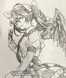  1girl bow cellphone checkered_clothes checkered_skirt closed_mouth collared_shirt flip_phone frilled_shirt_collar frills greyscale hair_bow hat highres himekaidou_hatate holding holding_phone long_hair looking_at_viewer monochrome necktie noriuma phone puffy_short_sleeves puffy_sleeves shirt short_sleeves skirt smile solo tokin_hat touhou traditional_media twintails 