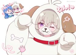 2girls animal_costume animal_hands animal_hood blue_hair blush closed_eyes closed_mouth commentary_request dog_costume dog_paws grey_hair heart highres hood howa_kurea long_hair meitantei_precure! mitoarchive957 moria_luluka multiple_girls one_eye_closed open_mouth precure smile violet_eyes