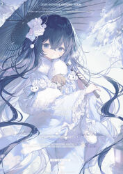  1girl black_hair blue_eyes blue_kimono blush bow chibi closed_mouth commentary_request floral_print flower frills fur_collar fur_trim grey_eyes hair_between_eyes hair_flower hair_ornament highres holding holding_umbrella japanese_clothes kimono long_hair long_sleeves looking_at_viewer miyasaka_miyabi oil-paper_umbrella original rose solo standing umbrella very_long_hair white_flower white_rose wide_sleeves 