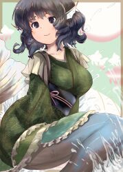  1girl air_bubble blue_eyes blue_hair blue_tail blush breasts bubble commentary_request drill_hair drill_sidelocks fins fish floral_print floral_print_kimono frilled_kimono frills green_background green_kimono head_fins highres japanese_clothes kimono medium_breasts medium_hair merfolk merfolk_out_of_environment mermaid monster_girl morizou_shi obi obijime print_kimono sash sidelocks sitting slashing smile solo touhou wakasagihime wide_sleeves 