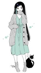  1girl animal aqua_dress aqua_eyes asada_nikki black_cat black_hair cardigan cat collarbone commentary dress full_body grey_cardigan hair_ornament hairclip highres long_hair looking_at_viewer no_shoes original simple_background sleeves_past_wrists socks solo standing untranslatable_commentary white_background white_socks 