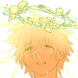  2boys black_hair closed_eyes commentary_request crack crescent_print false_memory ghost guan_chao_(false_memory) halo he_mingshuo highres male_focus mini_person miniboy multiple_boys spiky_hair sword_print tear_troughs tears triangle wing_print yujinhu196849 