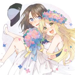  2girls :d bang_dream! bang_dream!_girls_band_party! bare_shoulders baseball_cap black_hair black_hat blonde_hair blue_flower blush bouquet carrying commentary_request dress floating_hat flower flower_wreath grey_eyes hat head_wreath high_heels highres holding holding_bouquet long_hair looking_at_another multiple_girls okusawa_misaki open_mouth pink_flower princess_carry purple_flower shoes smile strapless strapless_dress succhii_(pikaru) teeth tsurumaki_kokoro upper_teeth_only white_dress white_shoes yellow_eyes yuri 