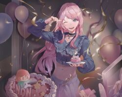  2girls absurdres balloon bang_dream! bang_dream!_it's_mygo!!!!! birthday_cake black_choker blacky1266859 blue_jacket cake chihaya_anon chinese_commentary choker commentary_request crop_top cropped_jacket cupcake fang food grey_eyes highres jacket long_hair long_sleeves looking_at_viewer midriff multiple_girls navel one_eye_closed pink_hair solo_focus taking_picture teeth 