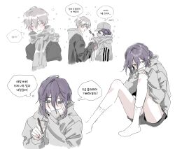  1boy 1girl absurdres black_shorts blush chainsaw_man commentary_request full_body green_eyes grey_hoodie hair_between_eyes hair_bun highres hood hoodie kimpyogo korean_commentary korean_text multiple_views oc_x_canon original purple_hair reze_(chainsaw_man) scarf short_hair shorts smile 