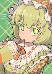  1girl bob_cut bonnet collar colored_eyelashes commentary cross-laced_clothes cup dress drinking_straw frilled_bonnet frilled_collar frilled_dress frills fun_bo green_background green_dress green_eyes green_hair highres holding holding_cup nail_polish orange_nails orange_ribbon original personification plaid_clothes plaid_dress ribbon short_hair solo sparkle_background sparkling_eyes upper_body 
