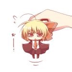  1girl ahoge black_dress blonde_hair blush_stickers dress fang flying_sweatdrops grabbing hair_ribbon kousa_(black_tea) lifting_person long_sleeves minigirl necktie open_mouth pov pov_hands red_eyes ribbon rumia shirt solo_focus touhou 