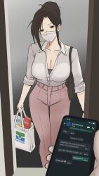  1girl alt_text assertive_female bag brand_name_imitation breasts brown_hair camisole chat_log condom_box doorway energy_drink english_commentary fake_phone_screenshot fake_screenshot familymart food grey_camisole hair_bun highres huge_breasts indonesian_text ipad lettucia333 meme original pale_skin pants pink_pants pocky pov_doorway real_life_insert sexually_suggestive shoulder_bag simple_background tablet_pc whatsapp 