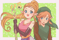  1boy 1girl artist_name belt black_gloves blonde_hair blue_eyes border brown_sleeves check_commentary collarbone commentary_request dated elbow_gloves eyelashes gloves gold_belt green_background green_hat green_tunic hat holding holding_staff light_blush link long_hair long_sleeves looking_at_another looking_at_viewer medium_hair official_alternate_costume official_alternate_hairstyle open_mouth pants pink_border pink_shirt pointy_ears ponytail princess_zelda shirt sleeveless smile staff sweatdrop teeth the_legend_of_zelda the_legend_of_zelda:_echoes_of_wisdom tiara tri_(zelda) tri_rod tunic upper_teeth_only v-neck white_pants yon_yosi 