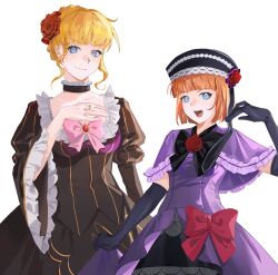  2girls absurdres beatrice_(umineko) black_bow black_choker black_gloves black_hat black_skirt blonde_hair blue_eyes blunt_bangs bow bowtie brooch brown_dress capelet choker commentary_request dress dress_bow elbow_gloves eva_beatrice fang flower frilled_capelet frilled_choker frilled_sleeves frills ga44717 glint gloves grin hair_flower hair_ornament hand_on_own_chest hat hat_flower highres holding_own_dress jewelry juliet_sleeves long_sleeves multiple_girls orange_hair pink_bow puffy_sleeves purple_capelet purple_dress red_bow red_flower red_rose ring rose skirt smile teeth umineko_no_naku_koro_ni upper_teeth_only 