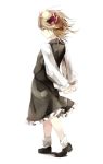  1girl arms_behind_back blonde_hair closed_eyes gorilla_(bun0615) hair_ribbon highres interlocked_fingers long_sleeves open_mouth ribbon rumia shirt skirt skirt_set solo touhou vest wind 