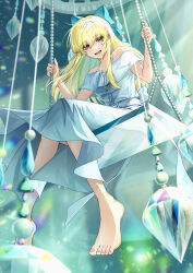  1girl absurdres barefoot blonde_hair blue_dress check_commentary commentary commentary_request dress green_eyes highres koniko0907 long_hair looking_at_viewer off_shoulder original suncatcher_(object) swing 