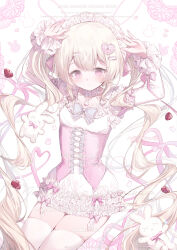  1girl arms_up blonde_hair blush bow commentary dress food food-themed_hair_ornament frilled_dress frills fruit hair_ornament hairclip heart heart_hair_ornament highres long_hair long_sleeves looking_at_viewer maid_headdress miyasaka_miyabi original pink_bow pink_eyes pink_theme rabbit ribbon solo strawberry stuffed_animal stuffed_rabbit stuffed_toy thigh-highs twintails very_long_hair white_dress white_thighhighs 