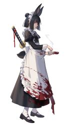  1girl absurdres animal_ears apron ashtray black_dress black_shoes blood blood_on_clothes closed_mouth commentary_request dress expressionless full_body hair_bun highres holding_ashtray juliet_sleeves kirindora limbus_company long_sleeves looking_at_viewer maid_headdress ootachi project_moon puffy_sleeves rabbit_ears rabbit_girl rabbit_tail red_eyes ryoshu_(project_moon) shoes simple_background smoke solo tail white_apron white_background wuthering_heights_(identity)_(project_moon) 