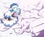  1boy 1girl beard blue_eyes blue_hair clenched_teeth dress facial_hair full_body hood hoop jewelry kesa kumoi_ichirin long_sleeves looking_at_viewer narira necklace pendant ring socks solo teeth touhou unzan white_legwear wide_sleeves 