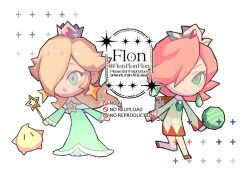  2girls :o artist_name ball basketball_(object) blonde_hair brooch chibi chibi_only closed_mouth commentary crown dress earrings english_commentary eyelashes final_fantasy flonflonflon full_body green_dress green_eyes hair_over_one_eye holding holding_ball holding_wand hood hood_down hooded_dress jewelry leg_up long_hair long_sleeves looking_at_viewer low_poly luma_(mario) mario_hoops_3-on-3 multiple_girls open_mouth pink_hair rosalina smile standing standing_on_one_leg star_(symbol) star_brooch star_earrings super_mario_bros. teardrop_earrings wand white_dress white_mage_(final_fantasy) 