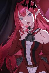  1girl absurdres baobhan_sith_(fate) baobhan_sith_(first_ascension)_(fate) breasts chinese_commentary commentary_request detached_sleeves dress earrings fangs fate/grand_order fate_(series) frilled_dress frills grey_eyes hair_ornament highres jewelry kuso looking_at_viewer open_mouth pink_hair pointy_ears red_dress sidelocks solo 